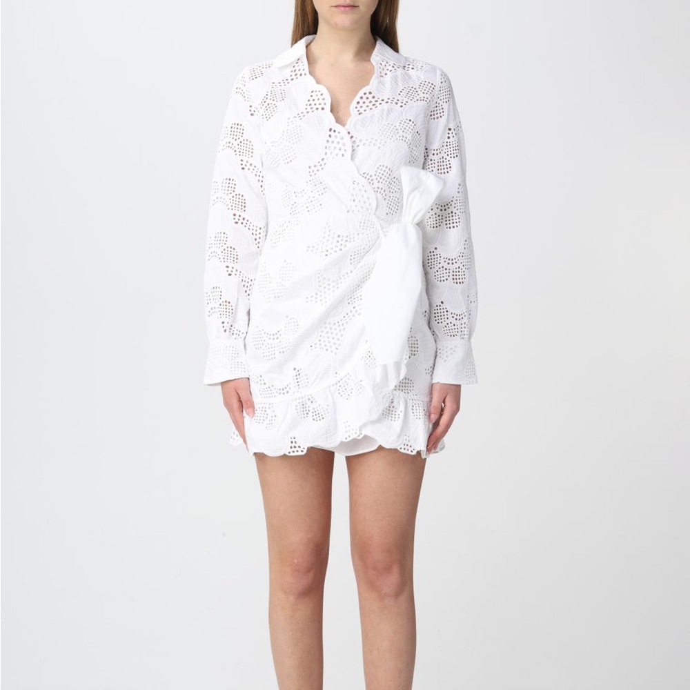 SELF PORTRAIT WHITE BRODERIE FLORAL EYELET WRAP DRESS SIZE 2 XS FIT. SASH SPOT